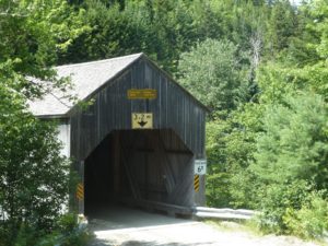 The opening of the Forty Five River No.1 covered bridge, surrounded by woods.
